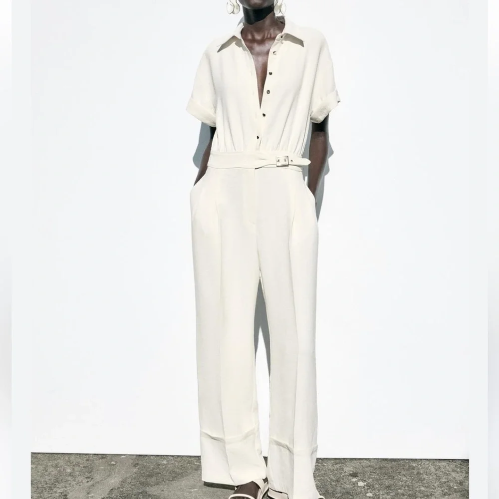 Zara NWT wide leg belted jumpsuit ecru 3278/957